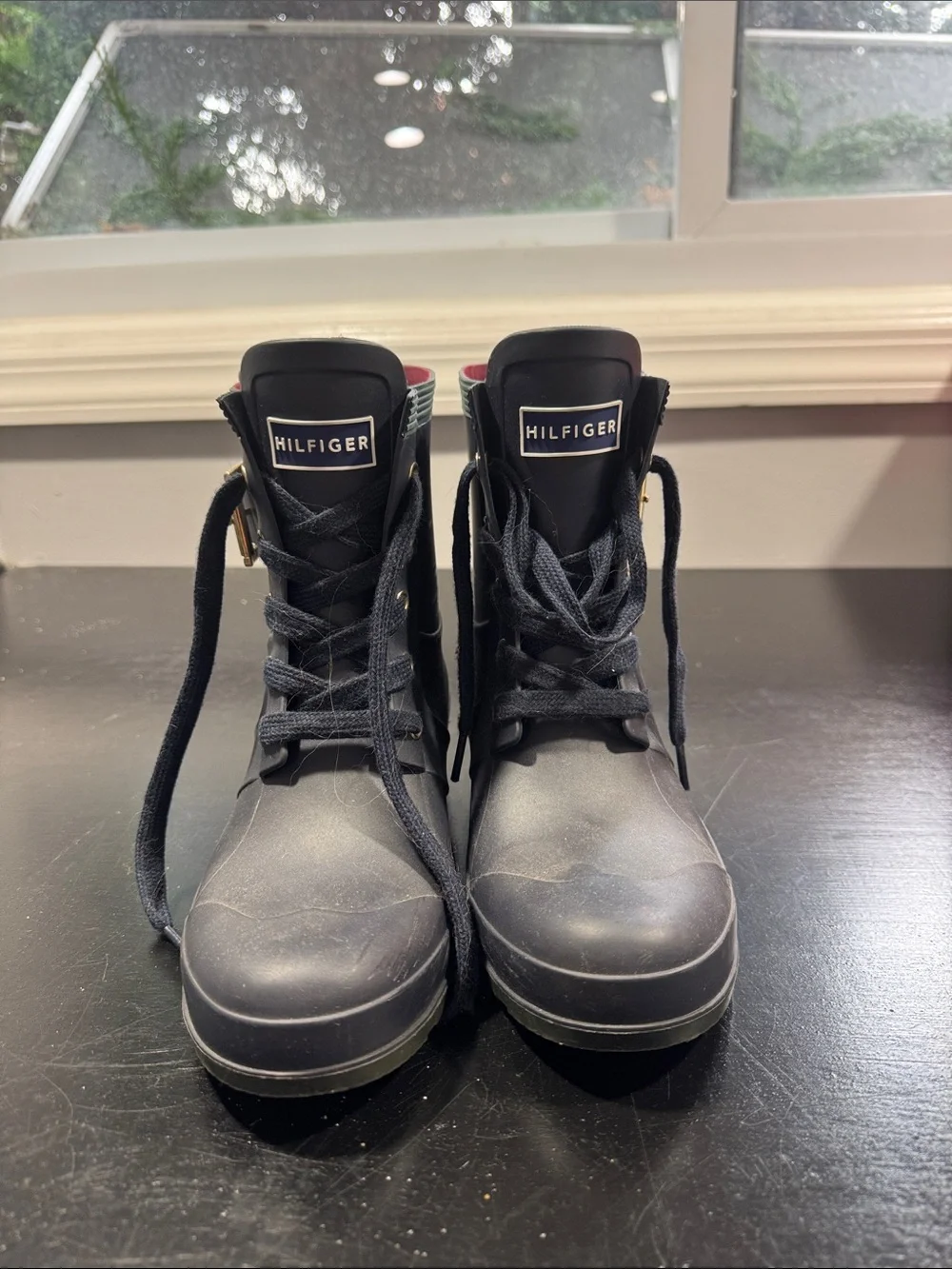 Tommy Hilfiger Black Lace-Up Ankle Rain Boots with Buckle